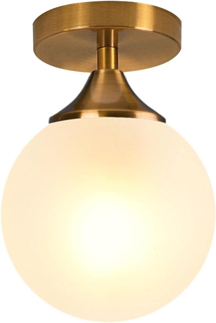 KCO Lighting Small Milk Glass Globe Semi Flush Mount Ceiling Light Mid Century Modern Gold Ceiling Light Fixtures Brass Hallway Light for Hallway Entryway Bedroom (White)