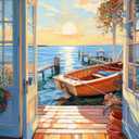2 x Door Landscape Seaside Paint by Numbers Kits 16x20 inch Canvas DIY Oil Painting for Kids, Students, Adults Beginner with Brushes and Acrylic Pigment - Boat Scenery Sun Landscape (without Frame)