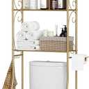 HOME BI Over The Toilet Storage Shelf, 3-Tier Over Toilet Bathroom Organizer Rack, Freestanding Space Saver Toilet Stands with Hooks (Gold), 31.501" W x 9.45" D x 46.45" H