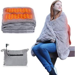 Portable USB Heated Blanket Battery Operated, 5V/2A USB Heated Blanket 3 Heating Levels Without Battery Pack, Plush Flannel Wearable Electric Heated Blanket, 3Hrs Auto Off&Overheat Protection