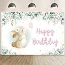 AIBIIN 7x5ft Easter Bunny Birthday Banner, Rabbit Eucalyptus Leaves Birthday Photography Backdrop, Pastel Green Floral Easter Bday Backdrop, Kids Party Decorations Photo Studio Props