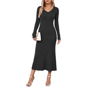Arach&Cloz 2025 Spring Womens V Neck Long Sleeve Fishtail Sweater Dress Ribbed Knit Slim Fit Bodycon Midi Dress (Medium, Black)