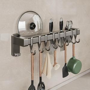 Wall Mount Kitchen Utensil Rail with Hooks, Adhesive No Drill Kitchen Pot Pan Rack, No Screws Self Adhesive Utensil Hanger for Tile Wall, Magnetic Knife Holder Kitchen Storage Organizer