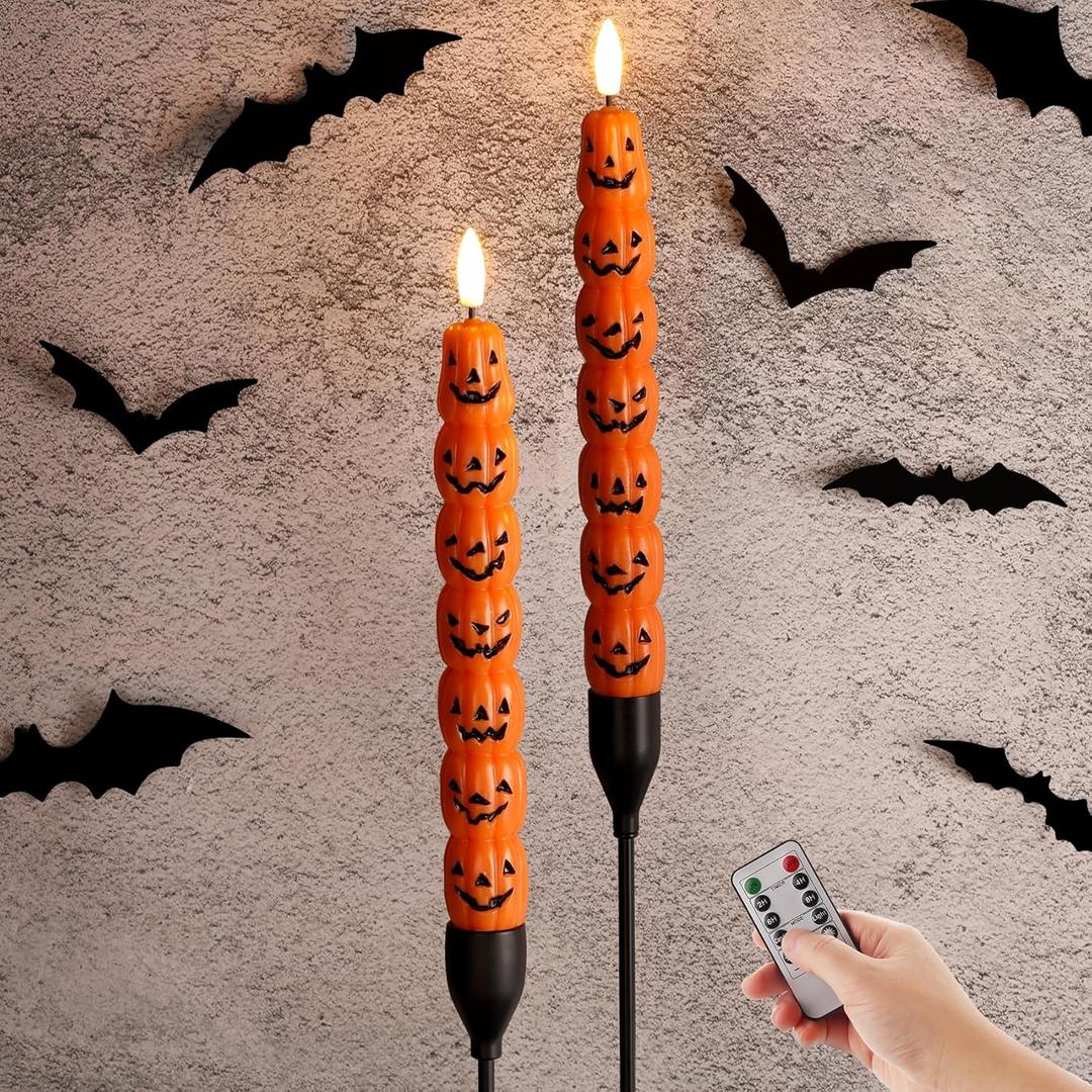 Orange Pumpkin Halloween Flameless Taper Candles with Remote, Flickering Spooky LED Wax Candlesticks Battery Operated, Set of 2