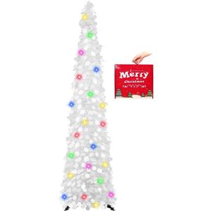 MACTING Pop Up Christmas Tree with 50 LED Lights Timer 5FT White Collapsible Tinsel Pencil Tree Easy-Assembly Coastal Glitter Artificial Tree for Porch Apartment Corner Home Party Xmas Decorations