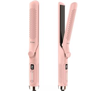 360 Airflow Styler Curling Iron - 1.25 Inch Hair Straightener and Curler 2 in 1 with Vented Cool Air to Lock in Style, Extra LongFlat Iron Curling Wand, Dual Voltage for Europe Travel (Light Pink)