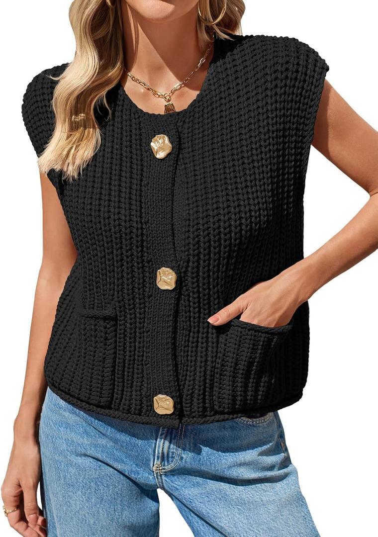 Saodimallsu Womens Sleeveless Cropped Sweater Vest Crochet Chunky Knit Button Down Cardigan Vests Tops with Pockets (X-Large, Black)