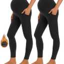 Foucome Women's Maternity Fleece Lined Leggings with Pockets Over The Belly Pregnancy Winter Warm Workout Yoga Pants 2 Packs , Small