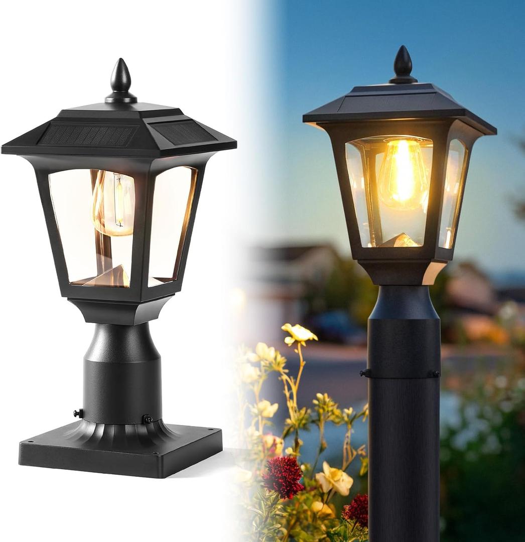 PASAMIC Solar Post Light, 3000K (Warm White) Dusk to Dawn Outdoor Solar Lamp with Aluminum Base, Waterproof Pillar Light for Fence, Garden, Yard, Patio, Outside Decoration (1PC)