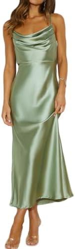 Summer Satin Spaghetti Strap Cowl Neck Backless Midi Dresses for Women Elegant Tie Low Back Ruched Cocktail Dress Sage, Small