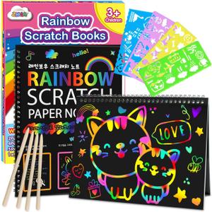 ZMLM Scratch Paper Art-Crafts Gift: 2 Pack Rainbow Notebooks Supplies Toys Easter Basket Stuffers for 3 4 5 6 7 8 9 10 Years Old Girls and Boys Kids Valentine's Day Birthday Party Travel Games (Pink)