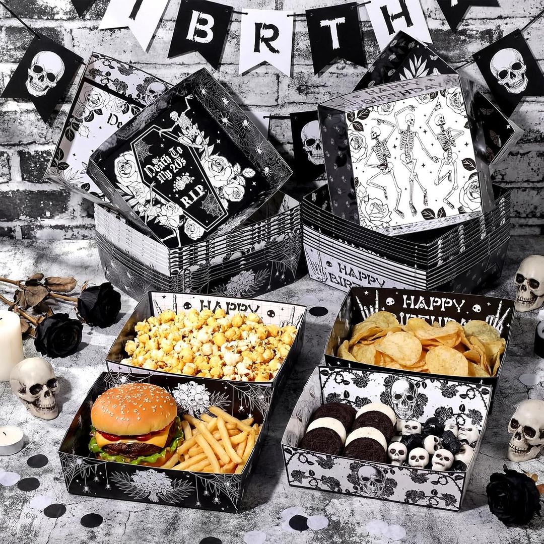 Uiifan 36 Pcs Death to My 20s Decorations Tableware Set 5 lb Rip to My 20s Disposable Tableware Paper Food Trays Plates Paper Boat for Snack Popcorn 30th Birthday Party, 4 Styles(Black and White)