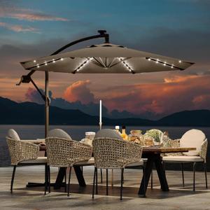 10FT Cantilever Umbrella with Solar Lights, Outdoor Offset Market Umbrella with Infinite Tilt and Cross Base, Outside Patio Umbrellas for Backyard, Lawn, Garden and Pool (Tan)
