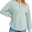 HWOKEFEIYU Long Sleeve Henley Shirts Button Top Casual Ribbed Knit V Neck Tunics Curved Split Hem Loose Work Blouse S