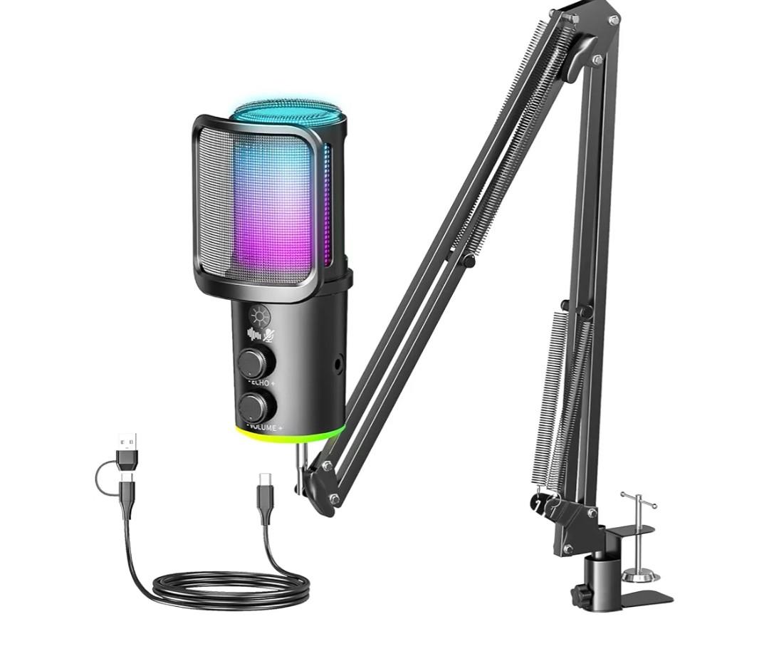 Gaming USB Microphone, Noise Cancellation Condenser Mic with Mute,Boom Arm Mic-Reverb Adjustment, Monitoring for Streaming, Podcasting, Discord, YouTube,PC, Computer, PS4, PS5, Mac
