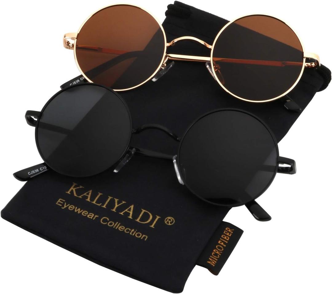 KALIYADI Round Polarized Sunglasses for Men Women Retro Metal Hippie Circle Style Sun Glasses UV Protection (B14-black Frame Black Lens + Golden Frame Brown Lens)