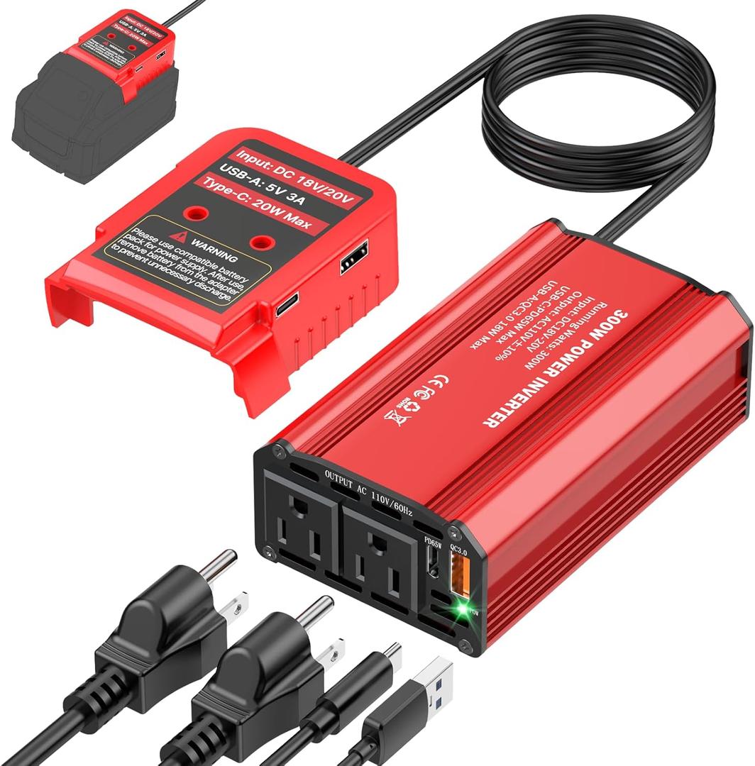 300W Power Inverter Compatible with Milwaukee M18 Battery - DC 18V to AC 110V Battery Converter, Portable Power Station with PD 65W Type-C Fast Charging & 2 AC Outlet & 2 USB-A & 1 Type-C 20W