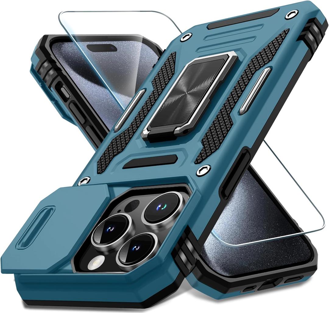DEERLAMN Case for iPhone 15 Pro Max with Slide Camera Cover+Screen Protector(1 Pack), Rotated Ring Kickstand Military Grade Shockproof Protective Cover 6.7 Inch-Light Blue