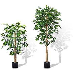 Aphighjoy Faux Plants Artificial Ficus Trees Eucalyptus Trees with Silk Leaves Fake Moss and Sturdy Nursery Pot, Fake Plants for Office Home Decor (4Ft&5Ft - 2Packs, Upgraded Ficus Tree)