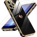 LeYi for iPhone 13 Pro Max Case: with Tempered Glass Screen Protector [2 Pcs]+ Full Camera Lens Protection,Love Heart Plating Women Cute Luxury Soft TPU Shockproof Case for 13 Pro Max,Black 3 Pcs