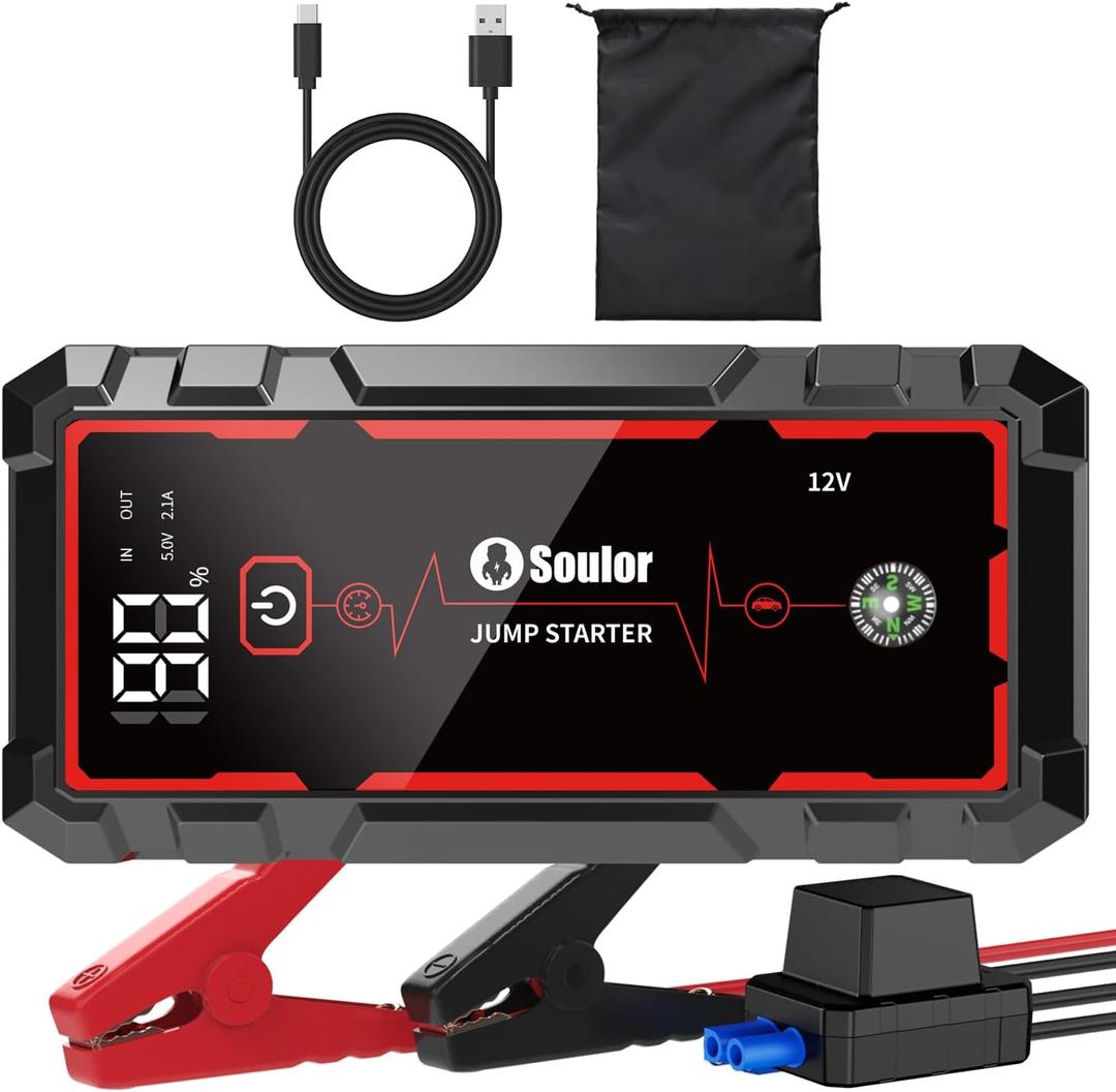 5000A Jump Starter Car Battery Jumper Starter Portable with Jumper Cable, Quick Charge Power Bank, 3 Modes Flashlight, Compass (Coral Red)