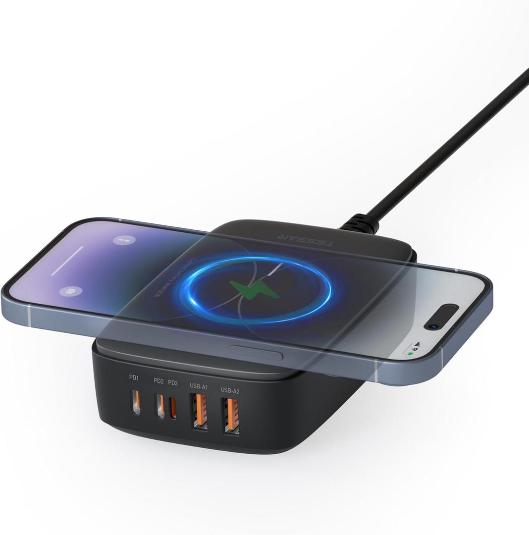 Wireless Charging Station for Multiple Device PD 65W USB C, TESSAN 6 in 1 Magnetic Wireless Charger Station, 5 Ft USB Charging Block Compatible with iPhone, Android Phone, Tablet, Laptop, Home Office