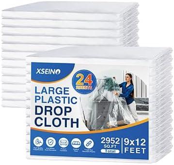 24 Pack 12 x 9 ft 0.4 MIL Large Painters Plastic Drop Cloth Painting Sheet-Light & Durable Dust Cover-Clear Plastic Sheet-Plastic Sheeting-Plastic Cover-Paint Drop Cloth- Plastic Floor Protector