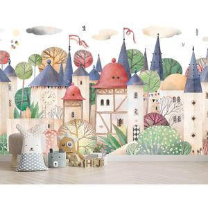 AFZEVEB-Cartoon Watercolor House Nursery Wallpaper Wall murals for Kids Room 114"x74" (Not Peel and Stick) (A005)