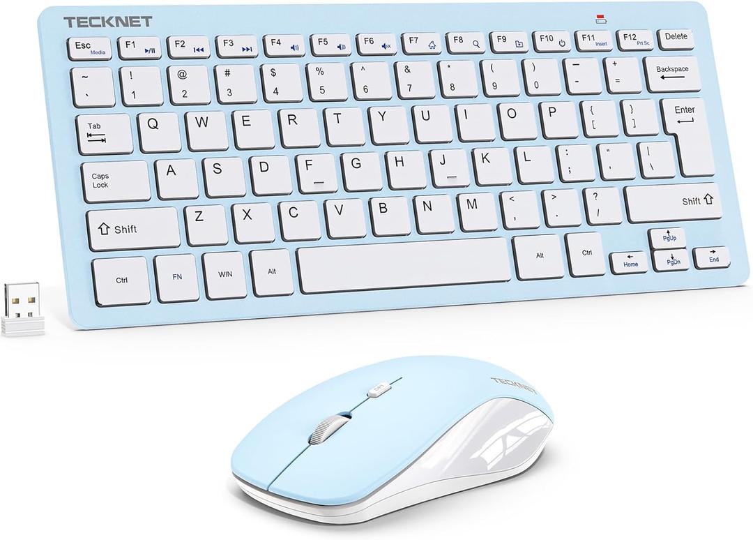 TECKNET Wireless Keyboard and Mouse Combo, Mini Cordless Computer Keyboard and Mouse Set 2.4GHz, Silent Adjustable 1600 DPI, Quiet Click, Lag-Free for Computer, Laptop, PC, Windows, Mac, Chrome OS (Blue & White)