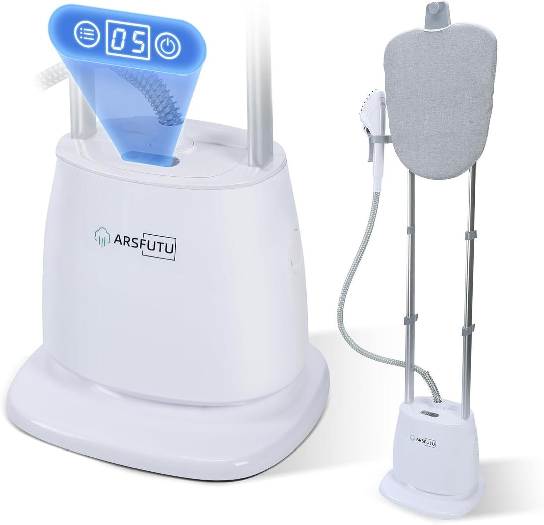 Professional Full-Size Garment Steamer 1500W Steamer for Clothes Standing 30s Fast Heat-up with LCD Display, Adjustable Ironing Board, Telescopic Double Rod, Fabric Brush (White)