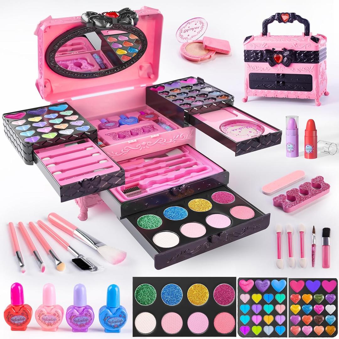 Kids Makeup Sets for Girls, 66pcs Real Cosmetic for Kids Toys with Mirror, Princess Washable Girls Makeup Kit, Non-Toxic & Safe Brithday Gifts for 3 4 5 6 7 8 10 - 12 Years OldPink Black