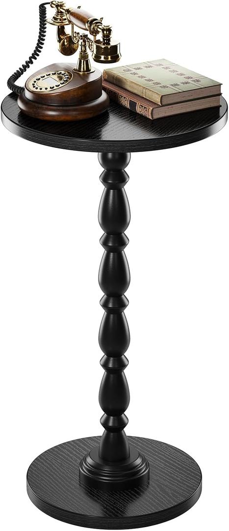 Round Side Table - Small End Table Drink Table for Small Spaces, Vintage Accent Nightstand with Solid Wood Leg for Living Room, Bedroom, Mid-Century Modern Bedside Tables, Black