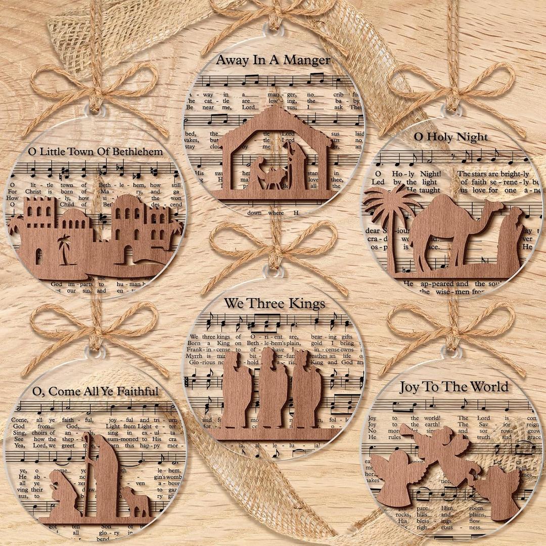 24 Pack Christmas Nativity Scene Ornaments Gifts Bulk Clear Wooden Nativity Story Music Religious Catholic Ornaments Gifts Hymns Jesus Decor for Xmas Tree