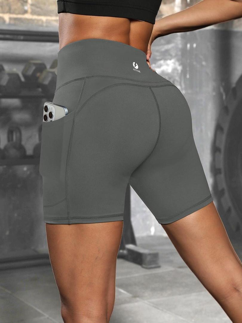 Women's Workout Running Shorts with Deep Pockets High Waisted Tummy Control Yoga Gym Spandex Biker Short Pants (Gray, M)