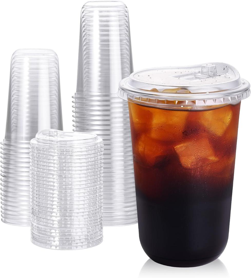 Turbo Bee 50 Pack - 16 oz Round Bottom Clear Plastic Cups with Strawless Sip - Lids, Disposable To Go Coffee Cups with Sippy Lids for Iced Coffee, Cold Drinks and Beverages
