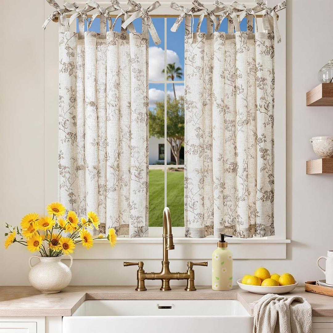 jinchan Floral Kitchen Curtains 36 Inch Linen Tier Curtains Farmhouse Cafe Half Window Drapes Over Sink Light Filtering Taupe on Beige for Living Room Laundry Tie Top 2 Panels