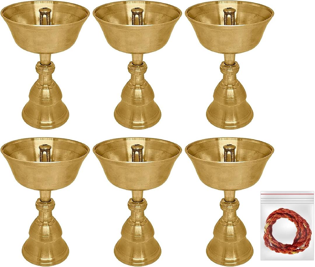 Satvik 5 Pc Set of Pure Brass Diya for Pooja Tibetan Buddhist Altar Supplies Indian Puja Kutthu Vilakku Deepam Meditation Offering Butter Lamp Tea Light Holder Indian Housewarming Return Gift Idea