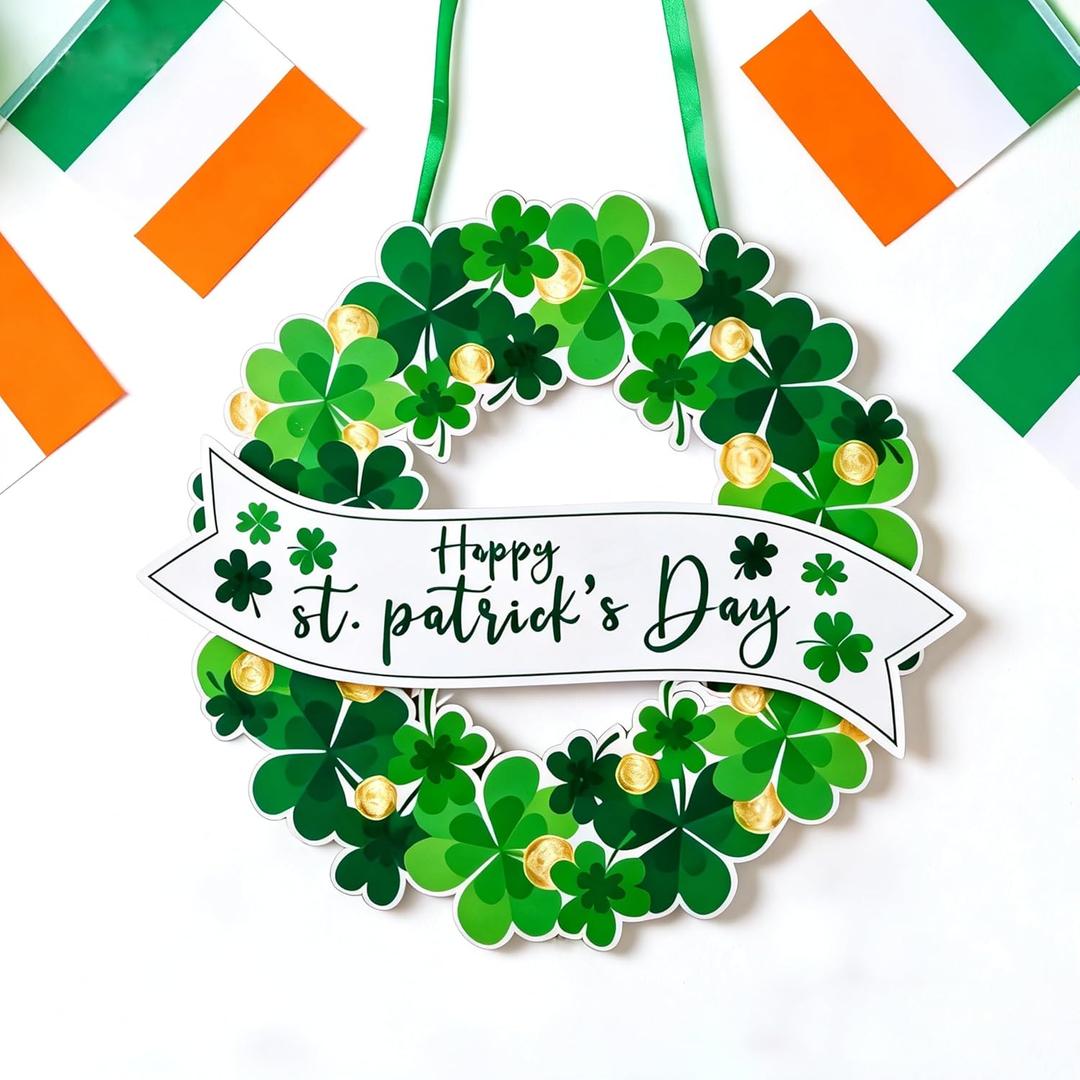 St. Patricks Day Wreath for Front Door, 13Inch Foldable Shamrock Wreath with Word Signs for Irish Holiday Outdoor, Wall Decor (Green, White, and Gold)