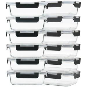 GULFLIN 12 Pack 22oz Glass Meal Prep Containers, Food Storage Containers with Lids, Air-Tight, Leak-Resistant, Freezer to Microwave Safe - Grey Set