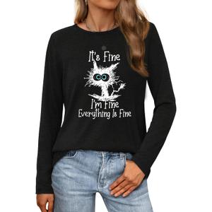 Long Sleeve T Shirts for Women Cute Cat Graphic Tees Im Fine Everything is Fine Tops Fall Crewneck Blouse Casual Outfits (Large, 0black)