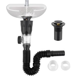 iFealClear Bathroom Sink Drain Kit, Flexible P-Trap Drain Pipe with Pop Up Stopper, Expandable Bathroom Sink Pipe Replacement with 2 Adapters, Fits 1-1/4'', 1-1/2'', 2" Holes, Hair Catcher, Black