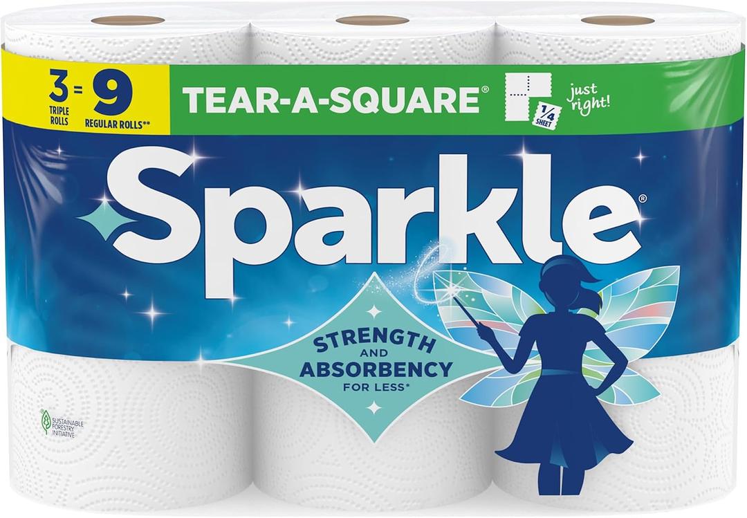 Sparkle Tear-A-Square Kitchen Paper Towels, 3 Triple Paper Towel Rolls