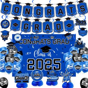 Graduation Decorations 2025 Blue Themed Set - Congrats Grad Banner, Class of 2025 Backdrop, Balloons & Streamers Kit - Complete Party Supplies for High School & College Celebrations