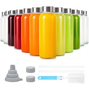 Sursip 10 oz Glass Juice Bottles, 12 Pack with Stainless Steel Lids Reusable Small Glass Bottles for Smoothies, Iced Tea & Milk Leak-Proof, BPA-Free, Dishwasher Safe