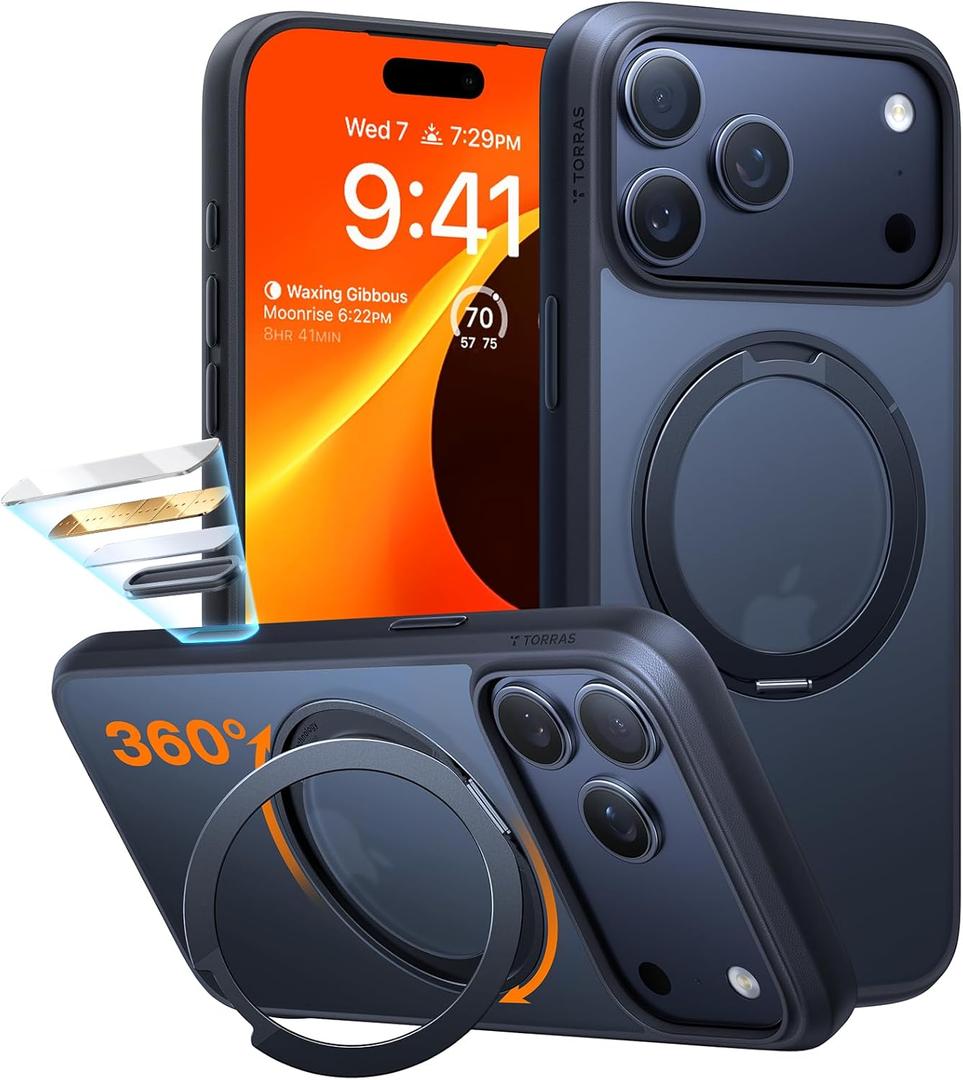 TORRAS Upgrade 360 Magnetic Stand for iPhone 17 PRO Case with Camera Control Button, Fit for MagSafe, Mil-Grade Protection, Slim Soft Edge Translucent Back for iPhone 17Pro 6.3 Inch, Black