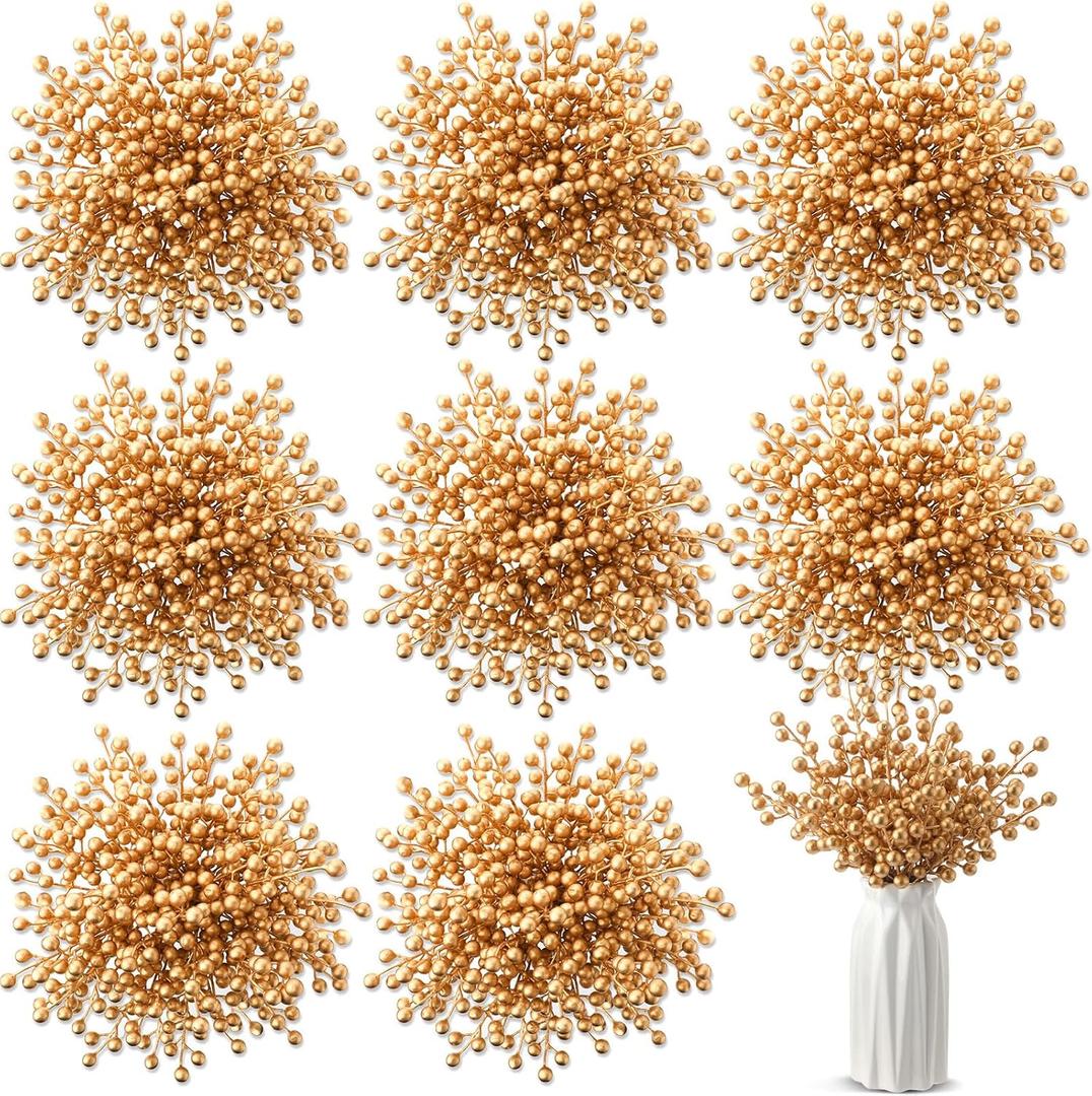 Censen 50 Pieces Artificial Holly Berry Stem Picks with Snowflake Frosted Christmas Tree Branches Fillers Ornaments Snowy Berry Twig Branches for Xmas Garland Wreath Winter Home Decor(Gold)