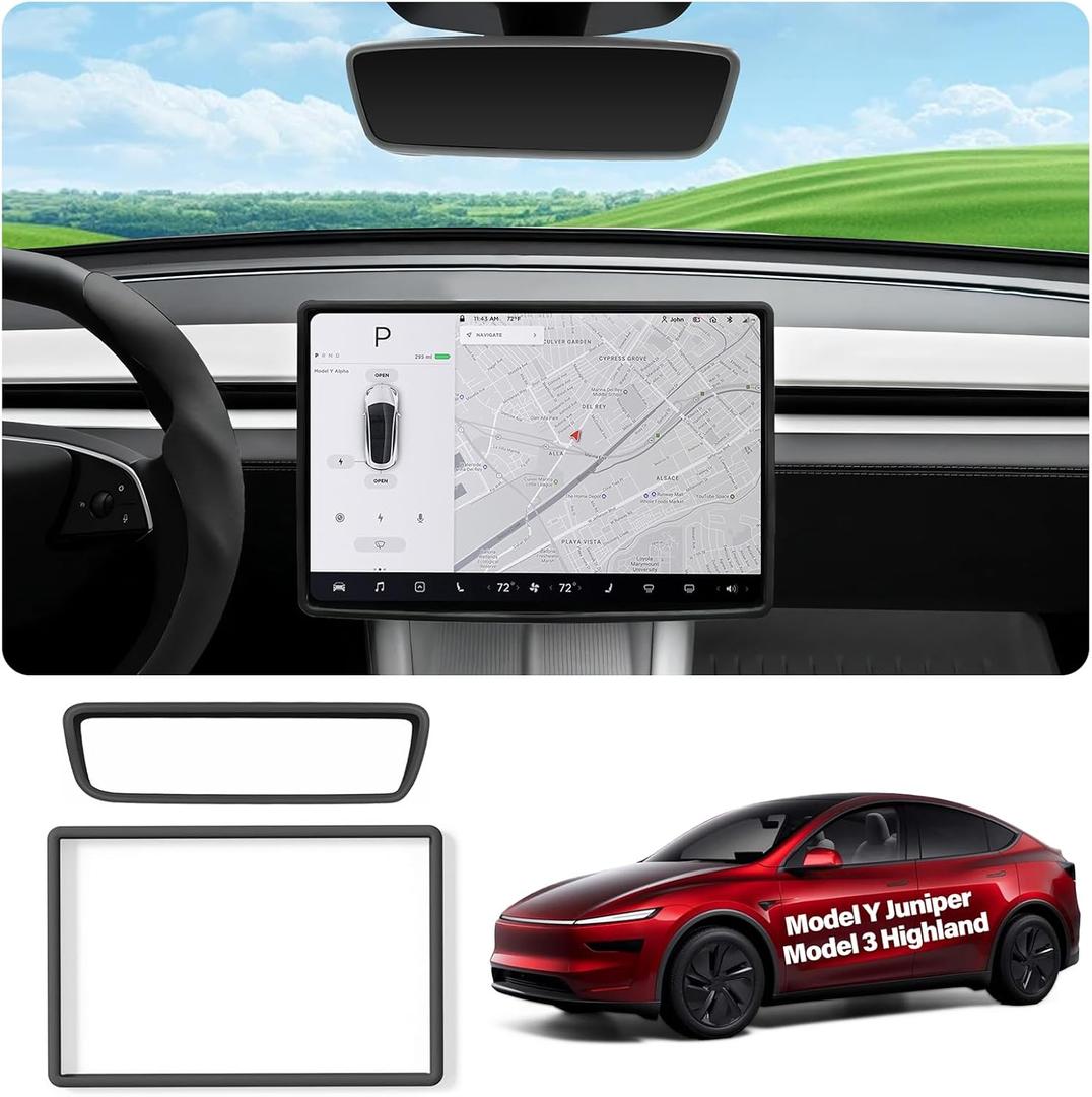 cybtkcar for Tesla Protector Trim Frame Model Y Juniper Model 3 Highlan 2026 Screen Edge Frame Rearview Mirror Cover Model Y Accessories Interior Silicone Decorations Center Console Decor Black