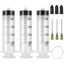 3 Pack 200ml Syringes with 55.1” Tube and Needle 14G 1.5”, Sterile Luer Lock Syringe Individually Packaged for Scientific Labs, Measuring, Watering, Refilling