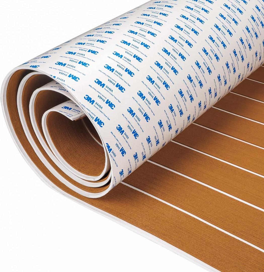 OCEANBROAD EVA Foam Boat Flooring with 3M Adhesive Backing Marine Self-Adhesive Decking 96''x45.6''/36''/28.8''/16.8'', 48''x16.8'' Faux Teak Sheet for Jon Boats Swim Platform Helm Pad RV Floor (24"L x 24"W x 0.2"Th, Brown With White Seam Lines)