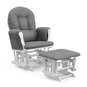 Storkcraft Premium Hoop Glider and Ottoman (White Base, Gray Cushion)  Padded Cushions with Storage Pocket, Smooth Rocking Motion, Easy to Assemble, Solid Hardwood Base (White/Gray)